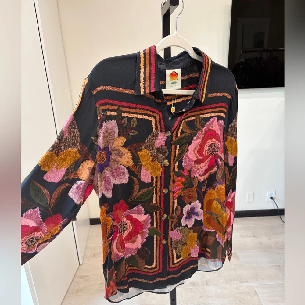 Farm Rio: Farm Rio Black Chenille Flowers Shirt - Picture 9 of 15